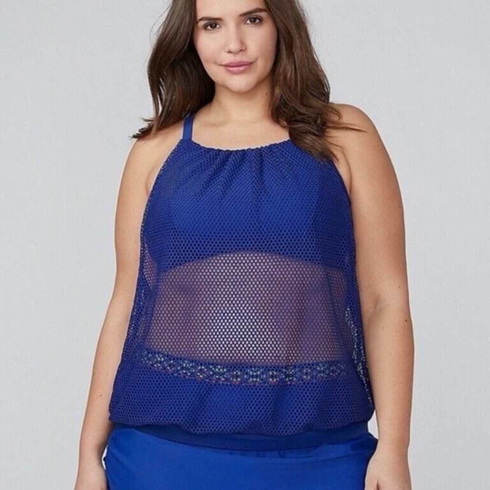 Swim by Cacique Blue Geo Fishnet Tankini Swim Top Size 18